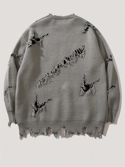 Herren Pullover Rundhals mit Ripped-Details und Grafik-Print, Langarm Strickpullover