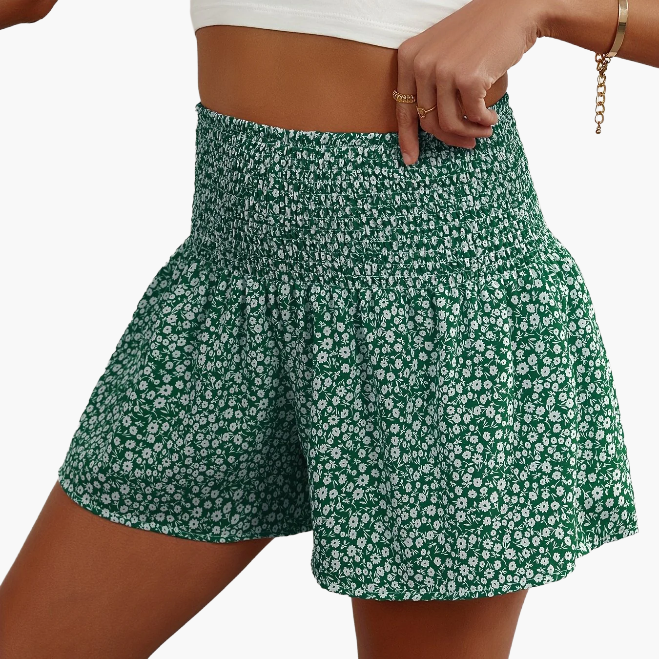 Damen Sommer Shorts mit Blumenmuster und Smokbund – Lässige Freizeitshorts