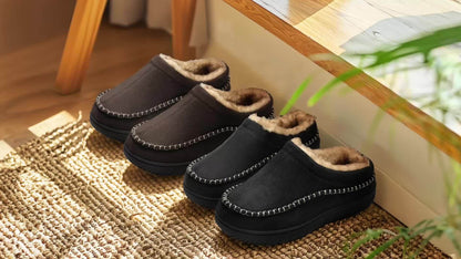 Unisex Winter Hausschuhe gefüttert mit weichem Innenfutter, in Mokassin-Optik, Braun & Schwarz