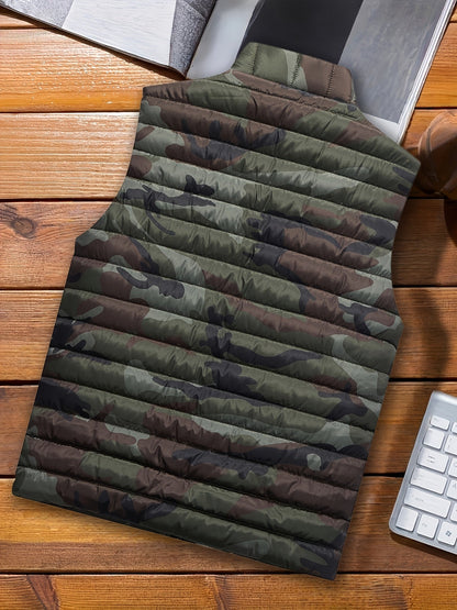 Unisex Steppweste Camouflage, Olivgrün/Braun/Schwarz, Ärmellos, Reißverschluss