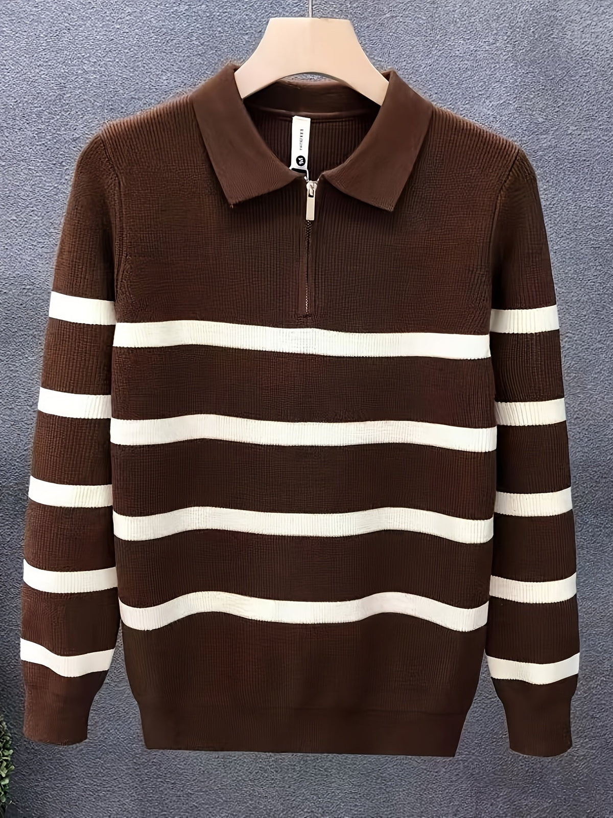Unisex Langarm Poloshirt mit Reißverschluss, gestreift, gerippt, lockere Passform