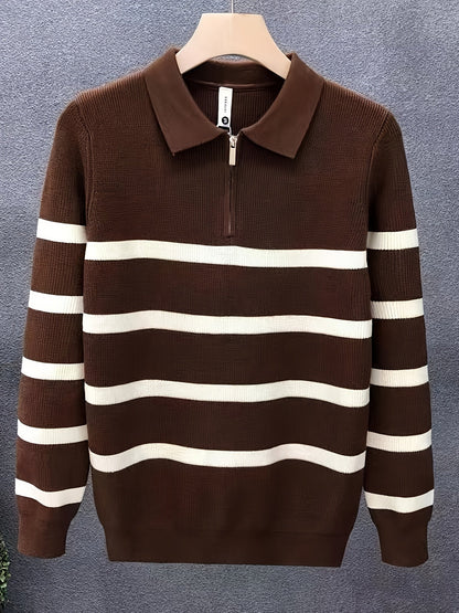 Unisex Langarm Poloshirt mit Reißverschluss, gestreift, gerippt, lockere Passform