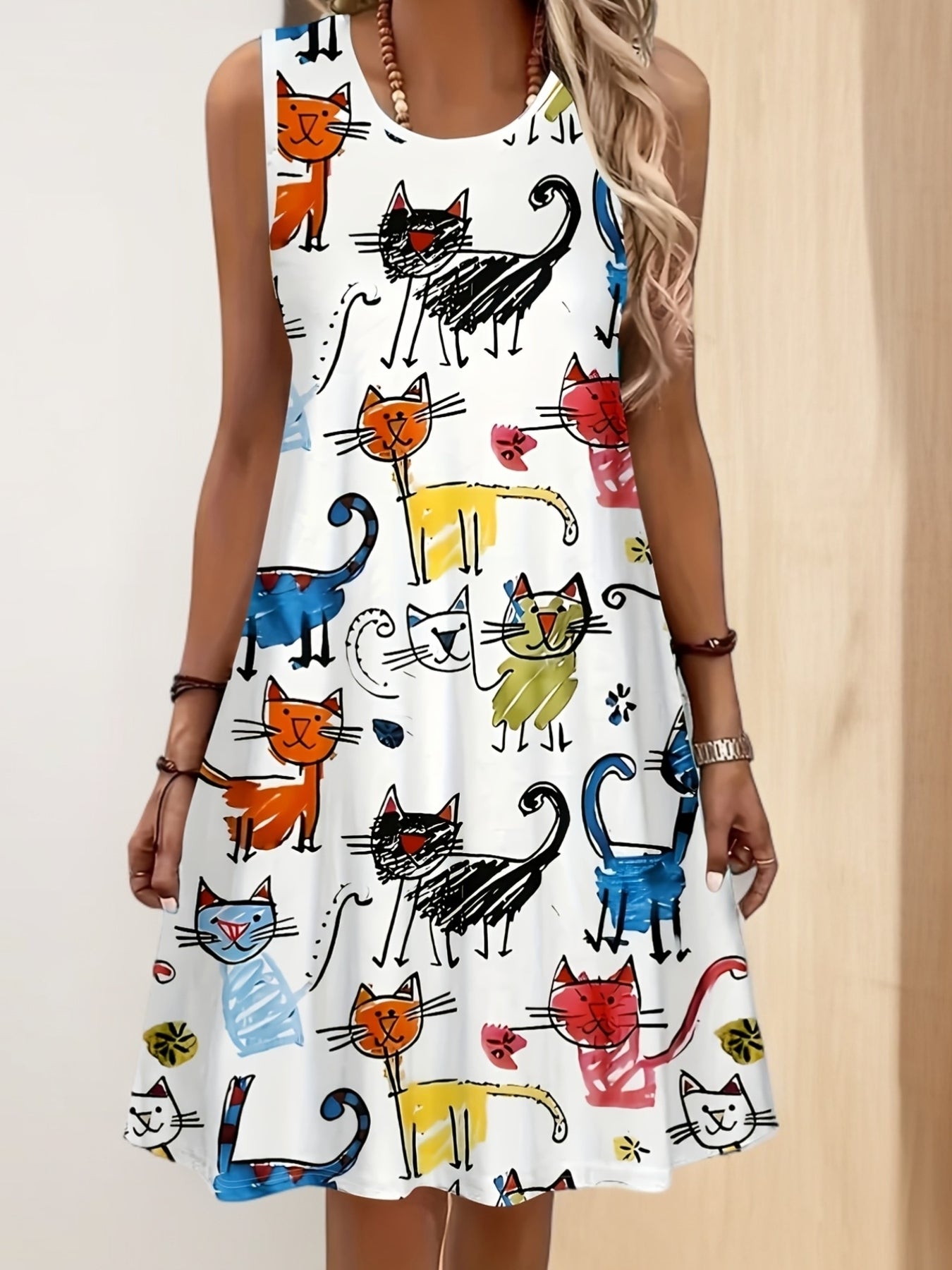 Damen Sommerkleid mit Katzen-Print, lässig und verspielt für Alltag und Freizeit
