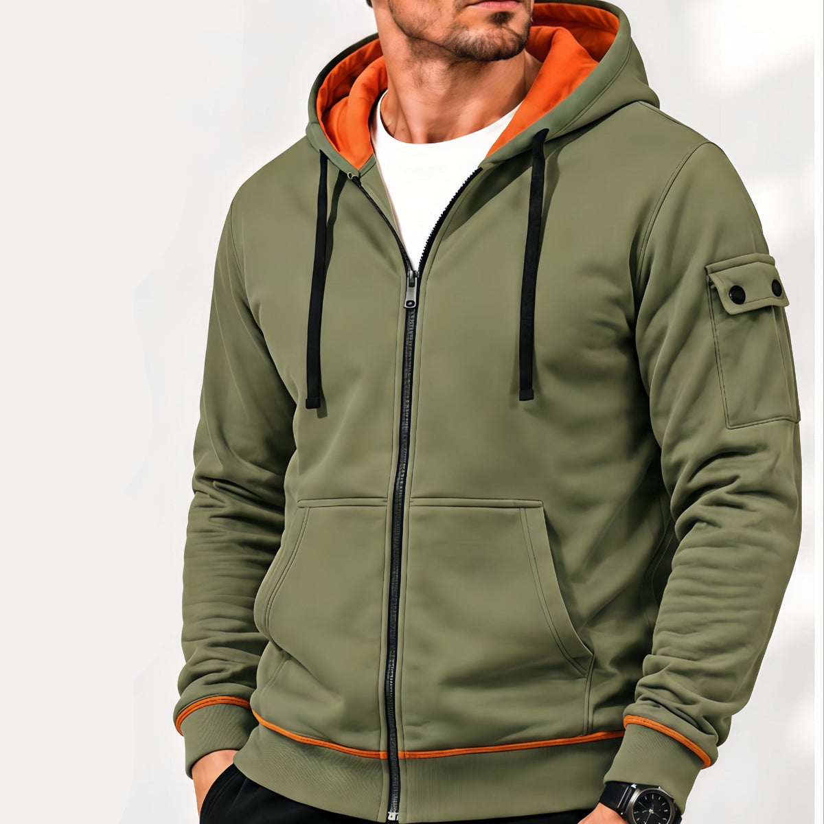 Herren Kapuzenjacke mit Reißverschluss und Kontrastfutter, Ärmeltasche