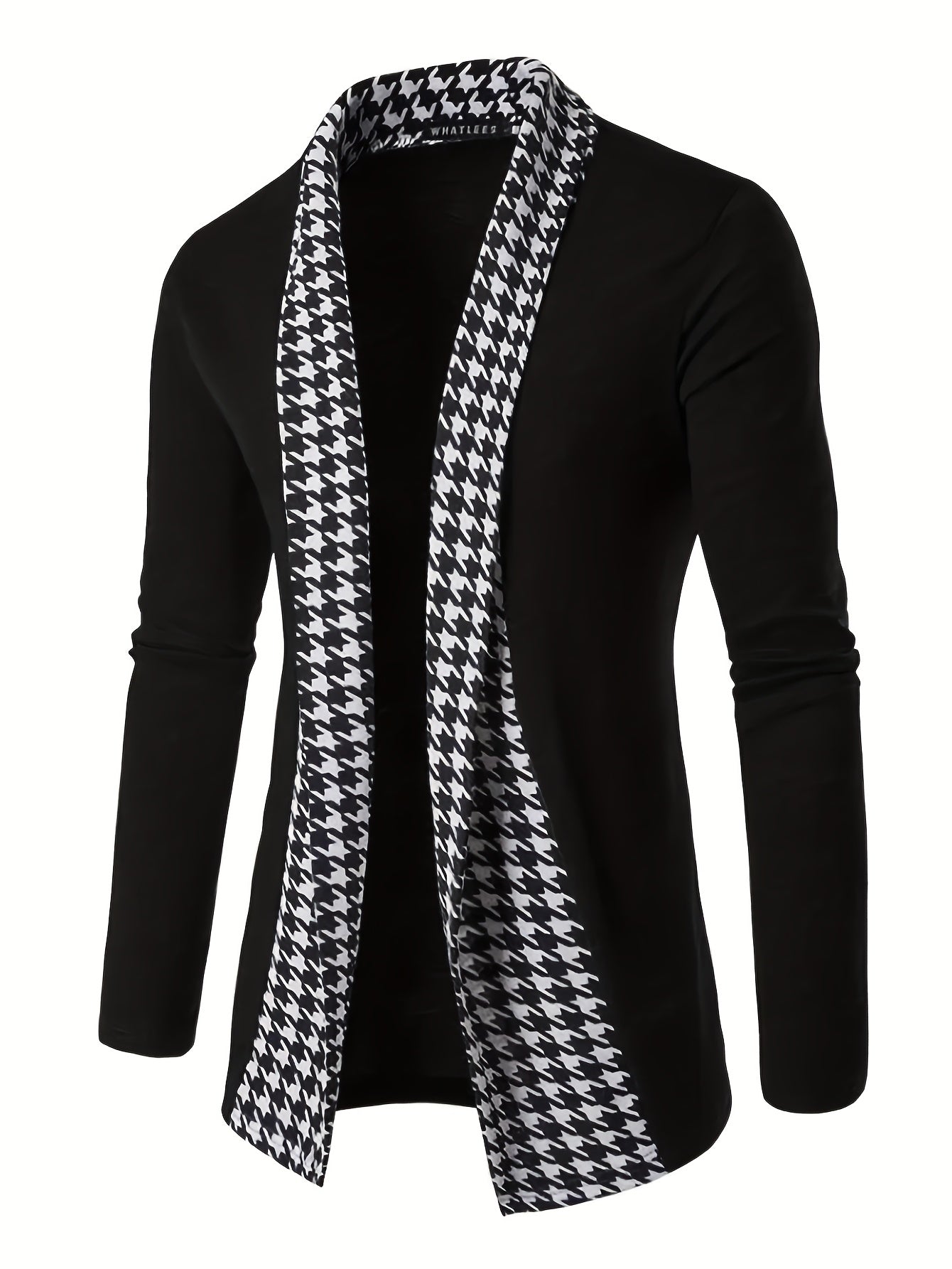 Herren Cardigan mit Hahnentrittmuster Revers Offene Vorderseite Schwarz