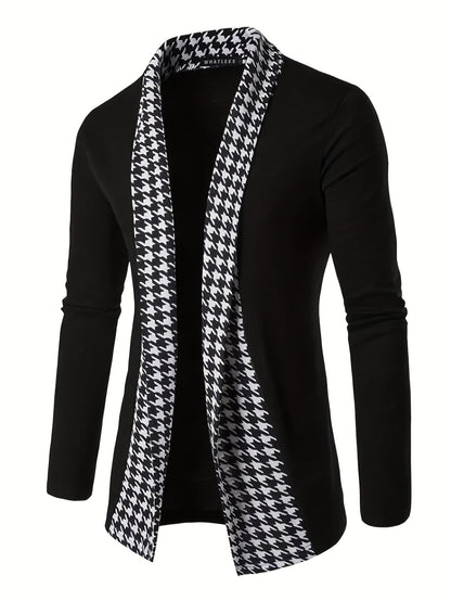 Herren Cardigan mit Hahnentrittmuster Revers Offene Vorderseite Schwarz