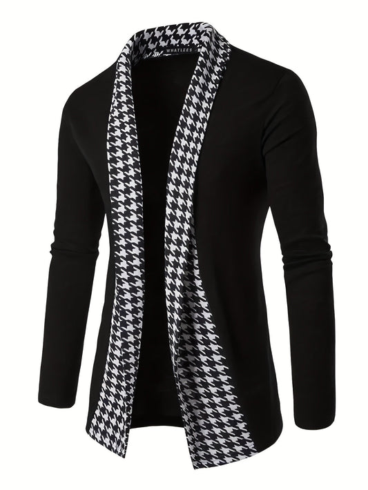 Herren Cardigan mit Hahnentrittmuster Revers Offene Vorderseite Schwarz