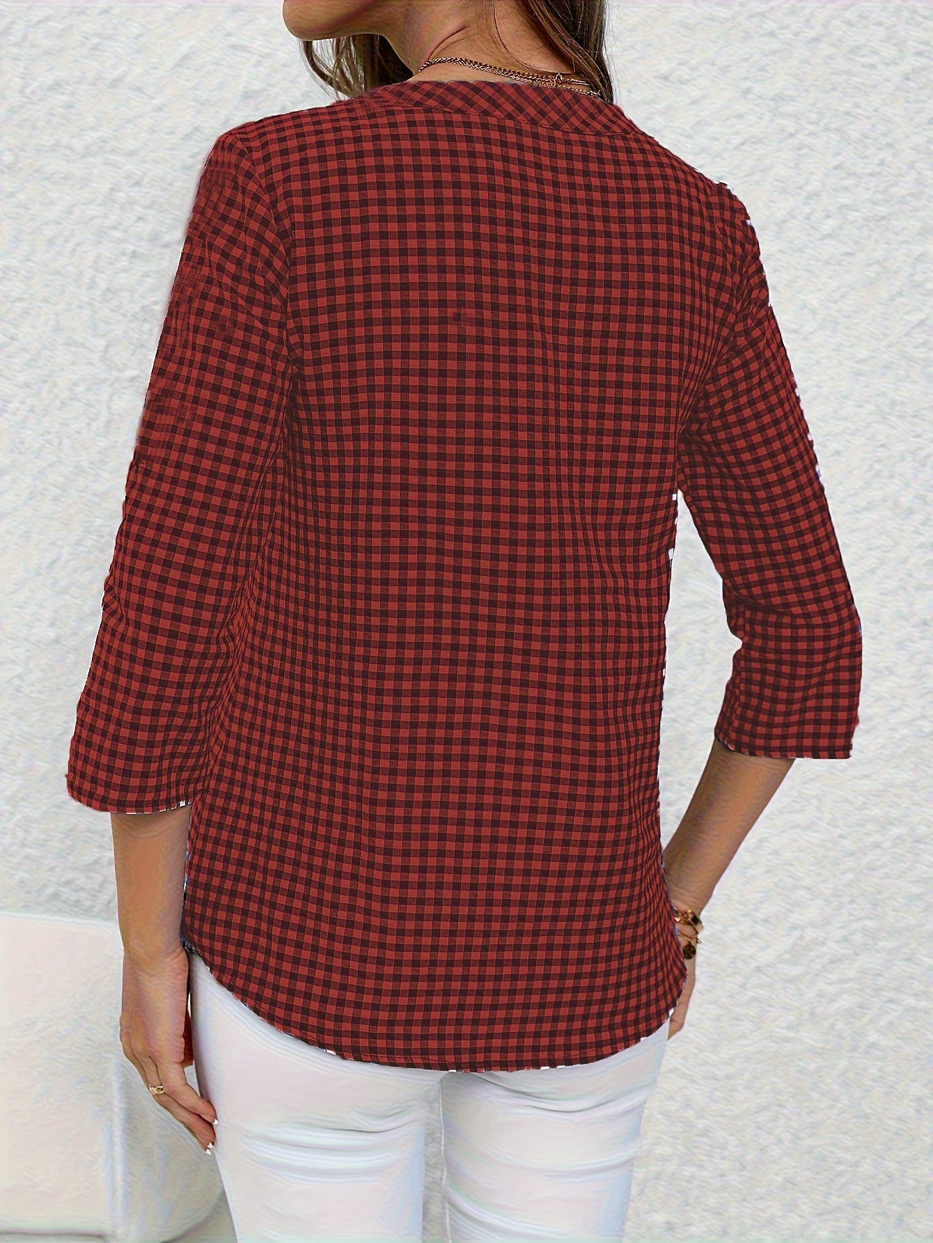 Damen Casual Karo Bluse mit Knopfleiste und 3/4-Ärmeln – Perfekt für Alltag & Büro