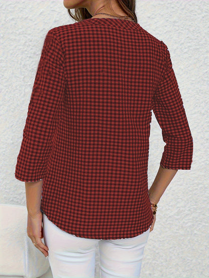 Damen Casual Karo Bluse mit Knopfleiste und 3/4-Ärmeln – Perfekt für Alltag & Büro