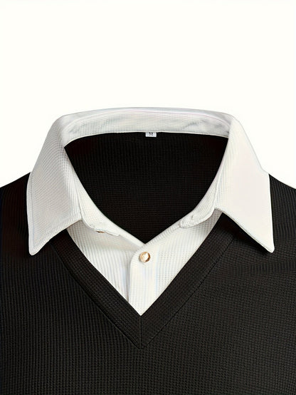 Herren Langarmshirt mit V-Ausschnitt, Schwarz, Lagenlook