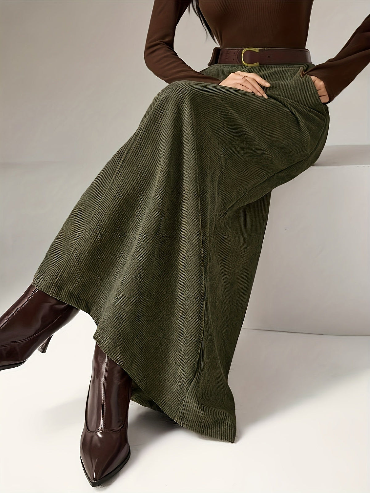 Damen Maxirock A-Linie Cordoptik Hohe Taille mit Seitentaschen