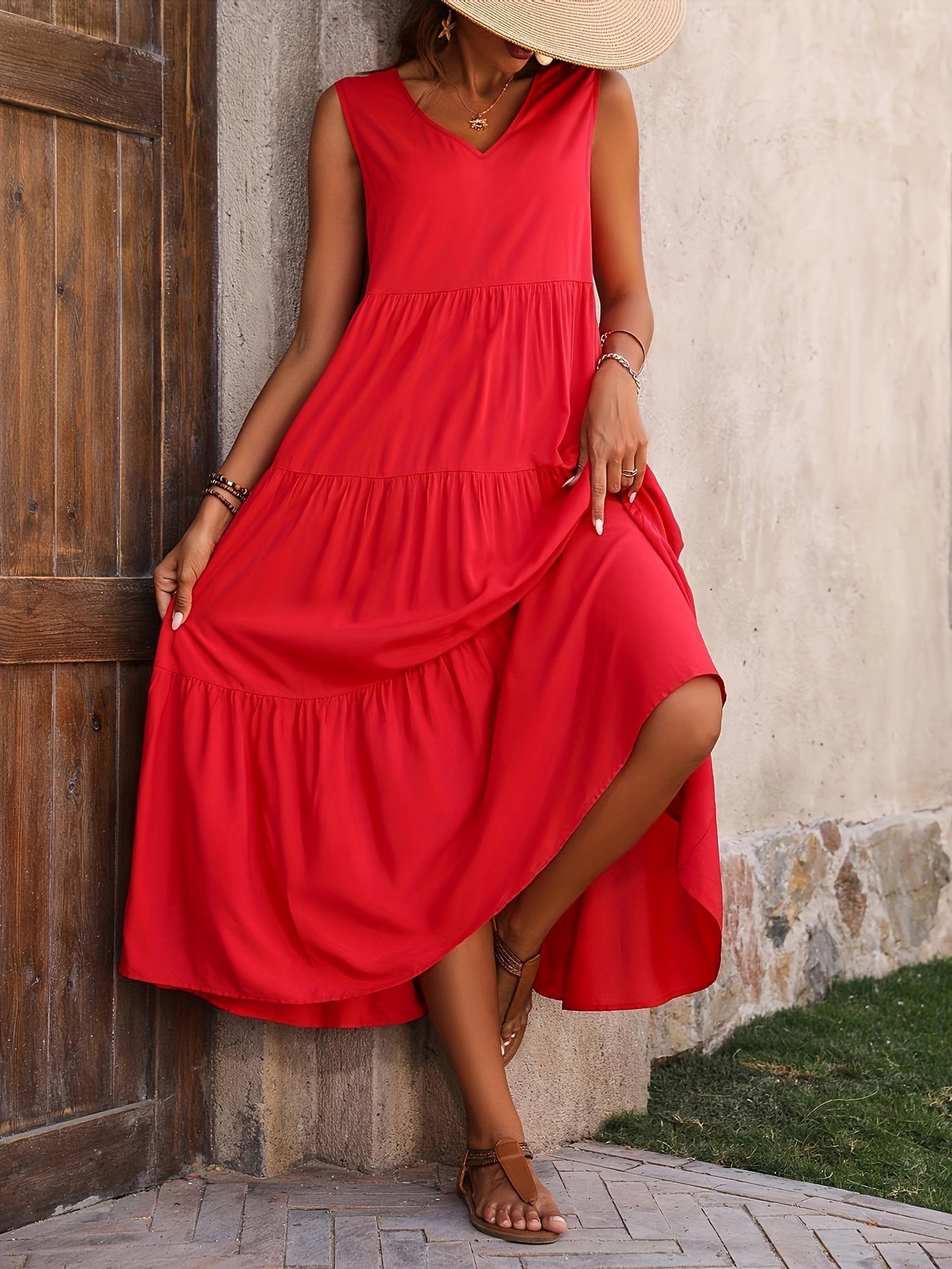Damen Sommer Maxikleid Elegant V-Ausschnitt Ärmellos Freizeitkleid