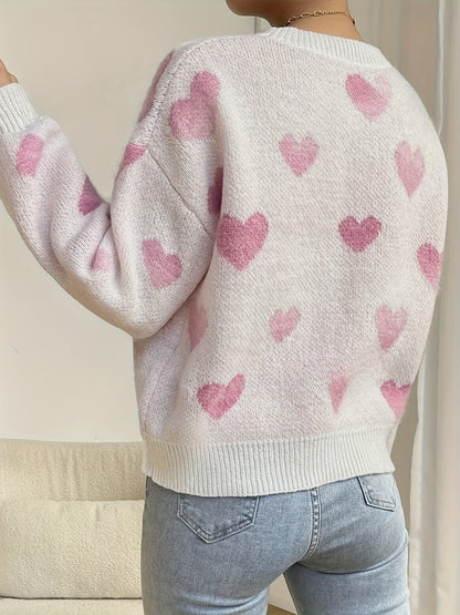 Damen Pullover Rundhals Herzmuster Langarm Strickpullover