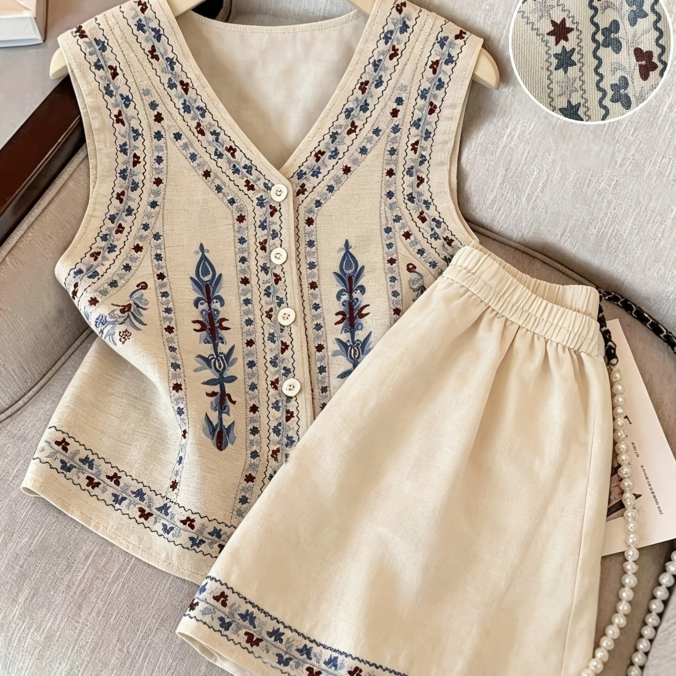 Damen Kurzarm Blusen-Set mit Shorts, bestickt, V-Ausschnitt, Freizeit Zweiteiler