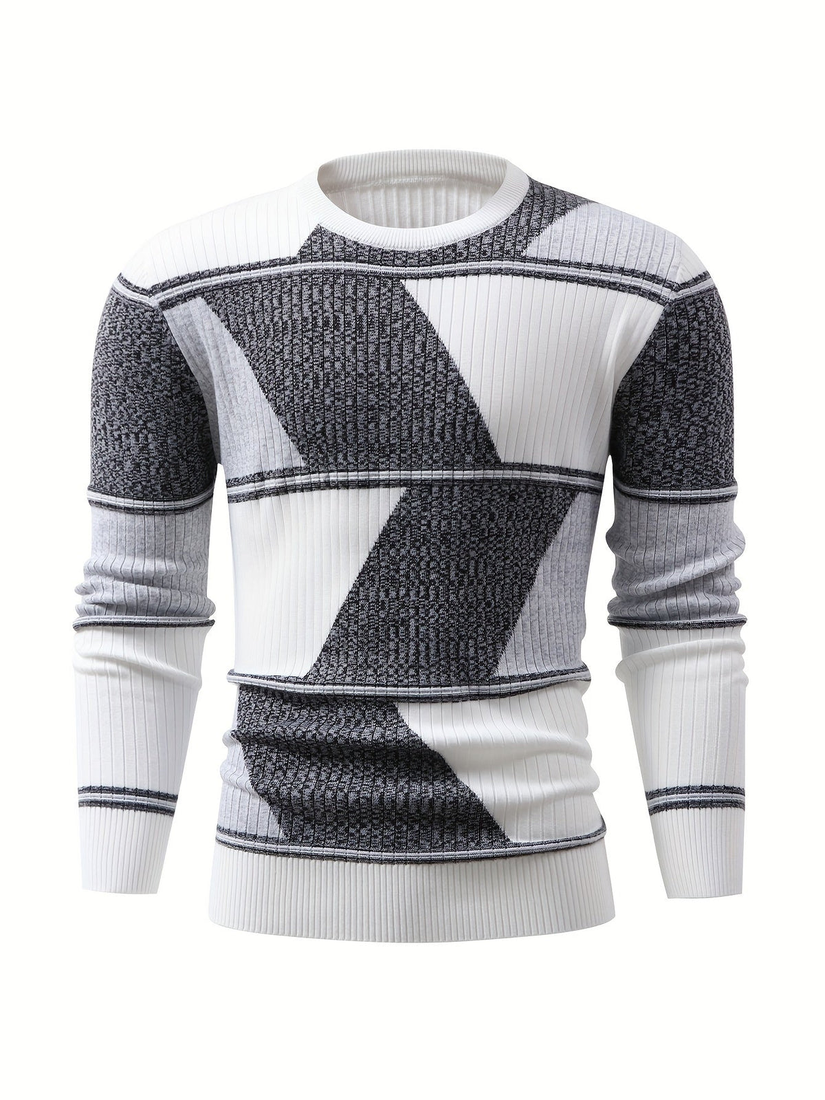Herren Pullover Langarm Gerippt mit Geometrischem Muster Schwarz Weiß