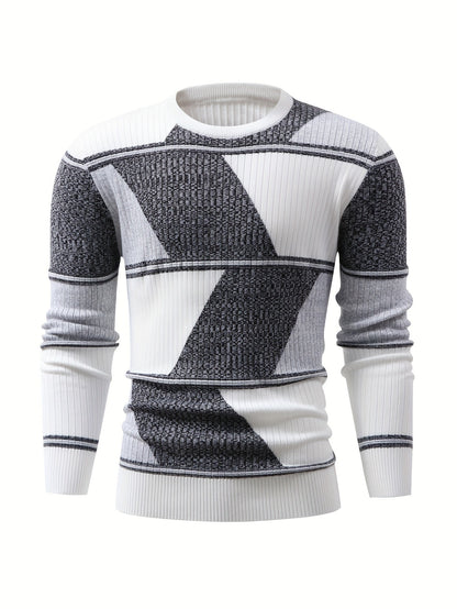 Herren Pullover Langarm Gerippt mit Geometrischem Muster Schwarz Weiß