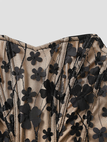 Damen Korsett Top mit 3D Blumenstickerei und Herzausschnitt – Elegantes Party- und Abendoutfit