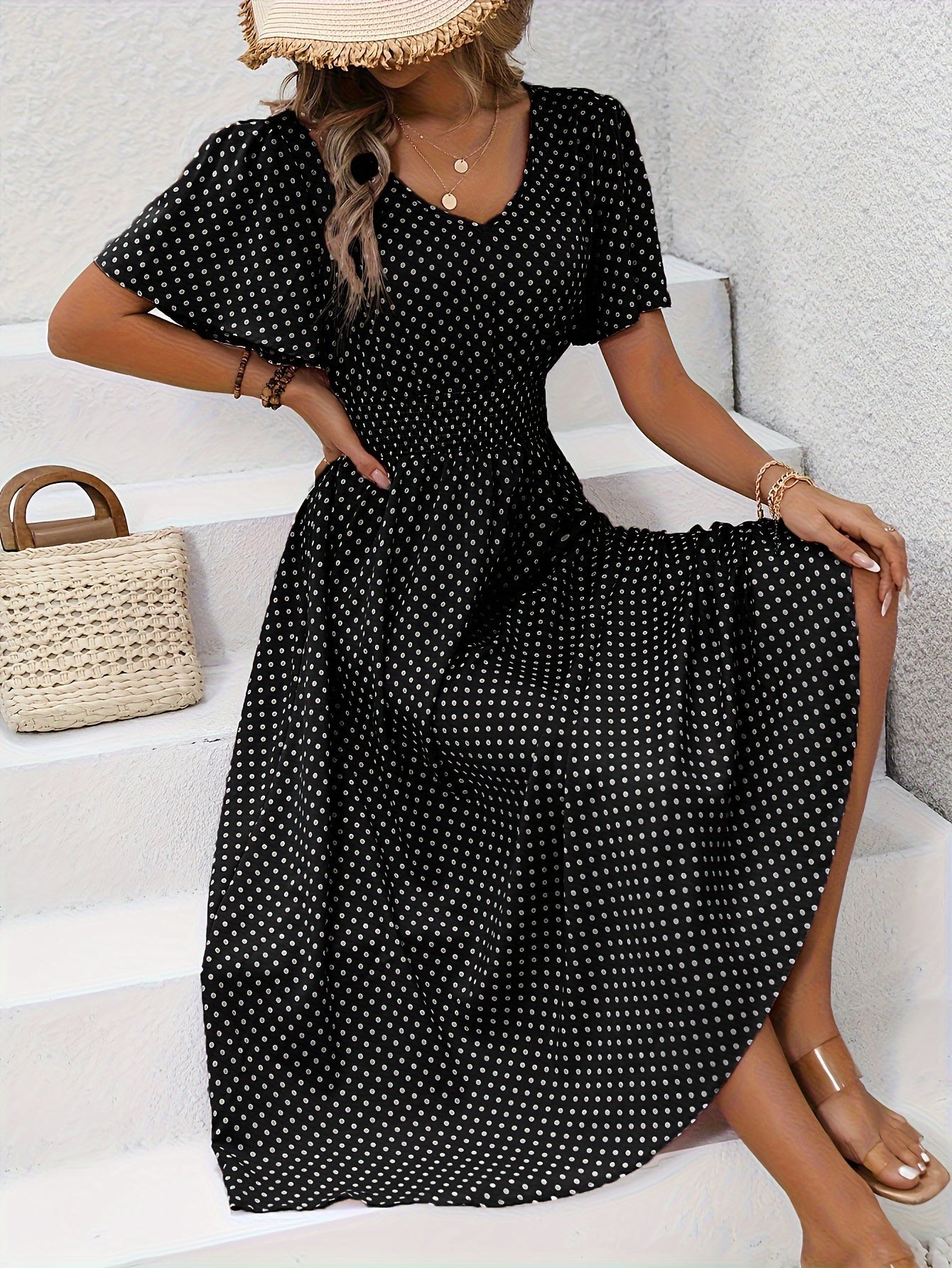 Damen Polka Dot Sommerkleid mit V-Ausschnitt – Elegantes Freizeit Maxikleid