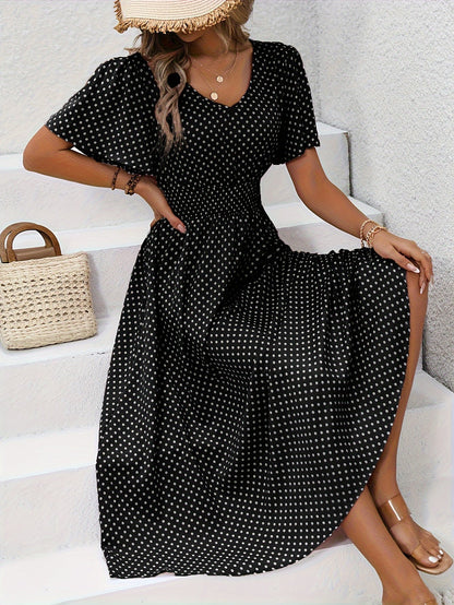 Damen Polka Dot Sommerkleid mit V-Ausschnitt – Elegantes Freizeit Maxikleid