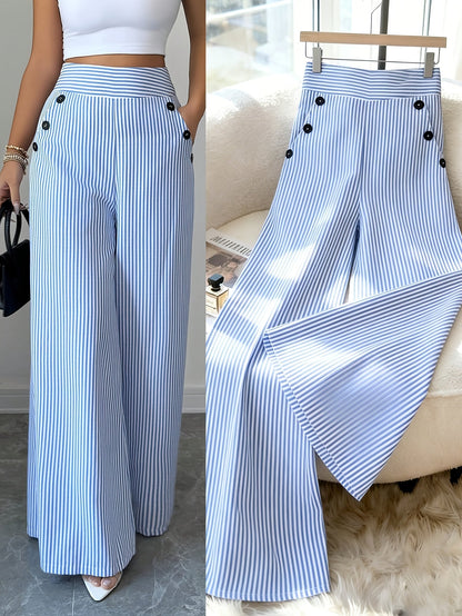 Damen Weitbeinige High-Waist Maritim-Hose mit Streifen und Knopfdetails – Eleganter Büro- und Freizeit-Look