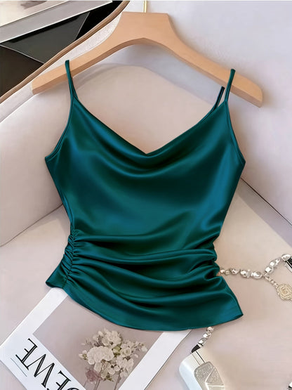 Damen Satin-Camisole mit Wasserfallausschnitt und Raffungen – Elegantes Oberteil für Abend und Party