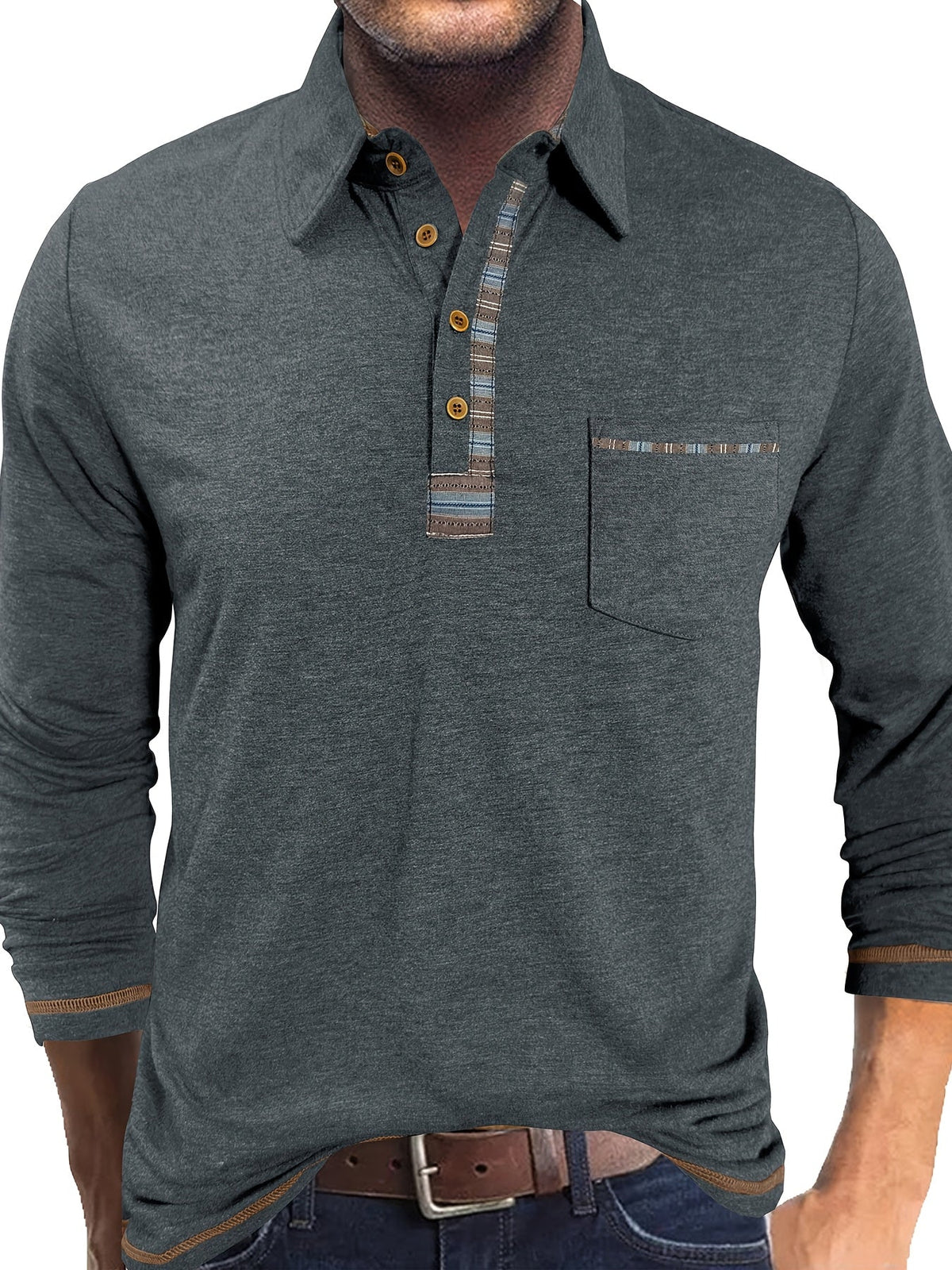 Herren Langarm Polo-Shirt mit Kragen, Knopfleiste und Brusttasche