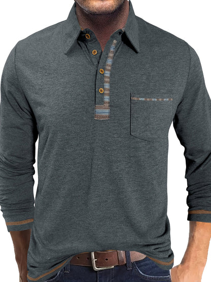 Herren Langarm Polo-Shirt mit Kragen, Knopfleiste und Brusttasche