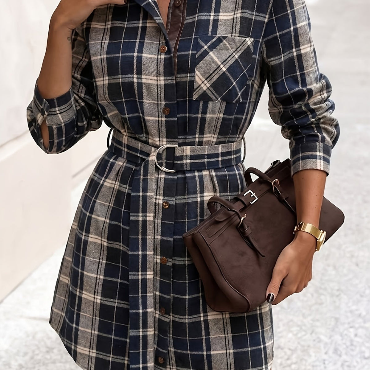 Damen Karo Hemdblusenkleid mit Gürtel Langarm