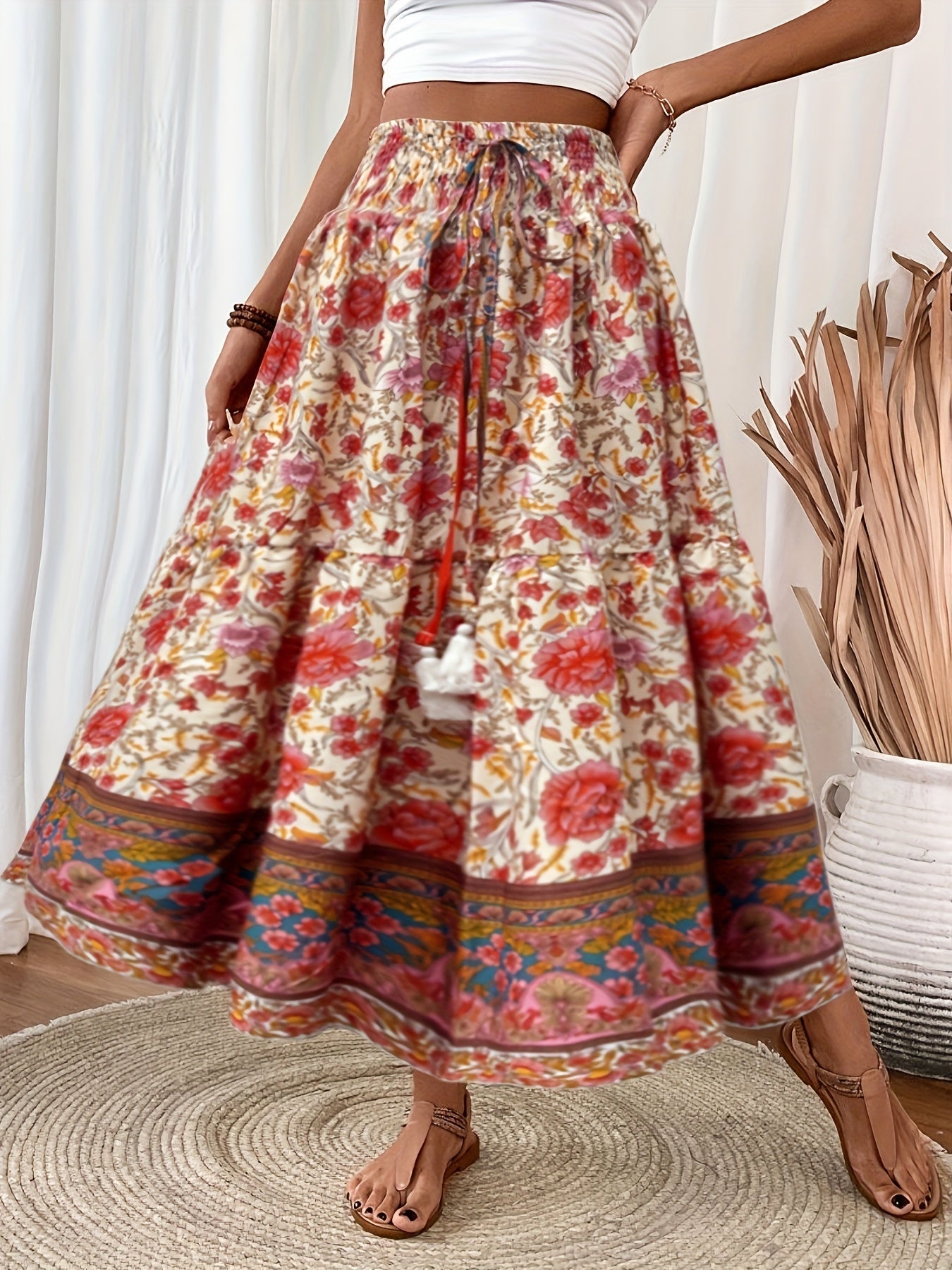 Damen Boho Maxirock mit Blumenmuster und elastischem Bund – Sommer Freizeitrock, Vintage Stil