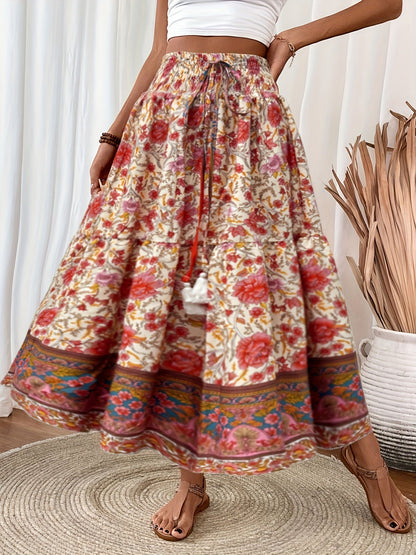 Damen Boho Maxirock mit Blumenmuster und elastischem Bund – Sommer Freizeitrock, Vintage Stil