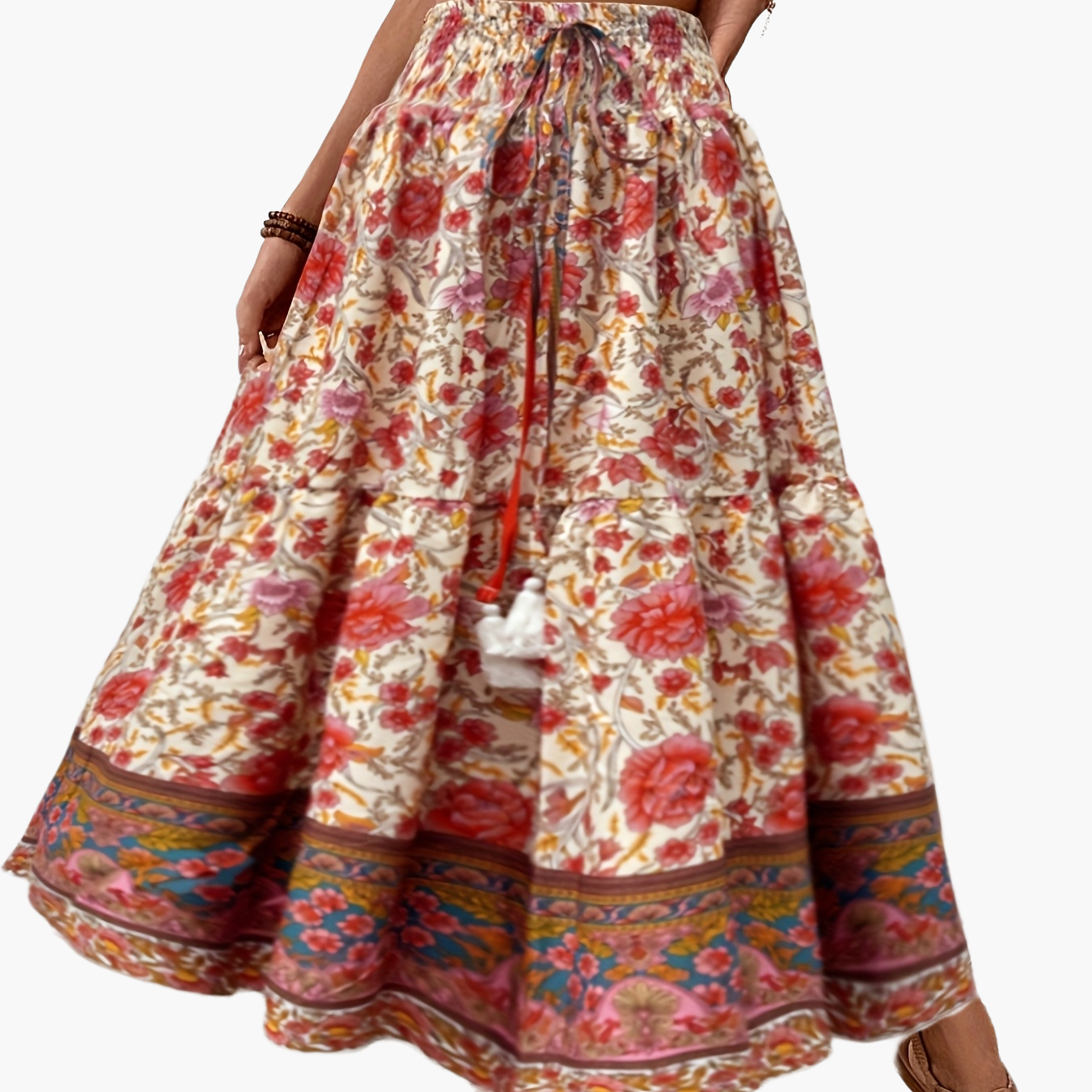 Damen Boho Maxirock mit Blumenmuster und elastischem Bund – Sommer Freizeitrock, Vintage Stil