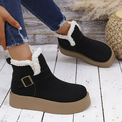 Damen Plateauschuh Winterstiefelette Schwarz mit Kunstfellfutter & Schnalle