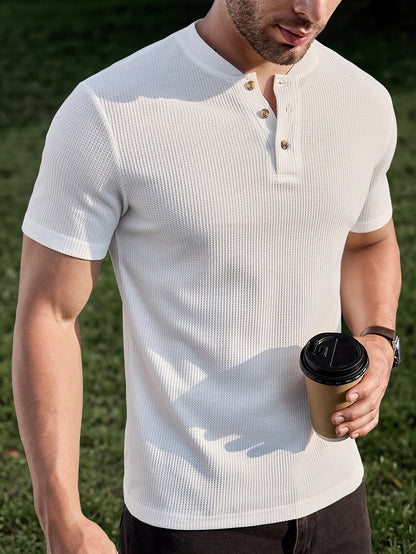 Herren Henley T-Shirt Kurzarm im modernen Strick-Look für Freizeit und Alltag