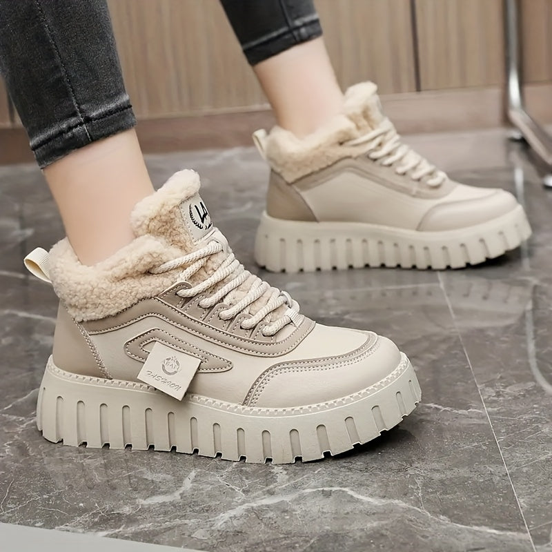 Damen Winter Sneaker High-Top mit dicker Sohle und Teddyfutter, Schwarz Beige