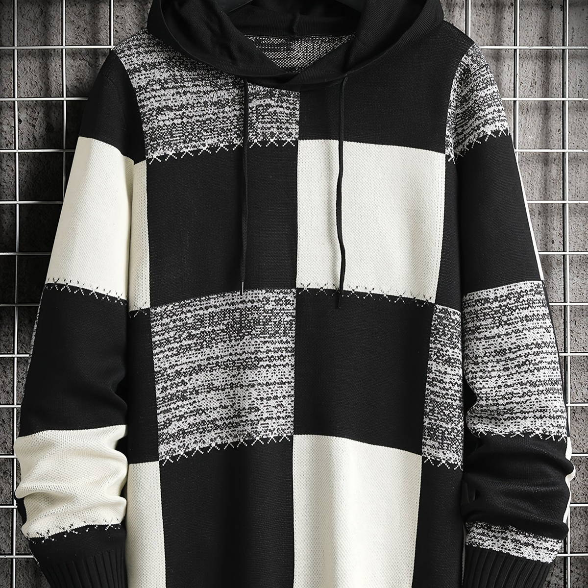 Herren Patchwork Hoodie Langarm Kapuzenpullover kariertes Muster
