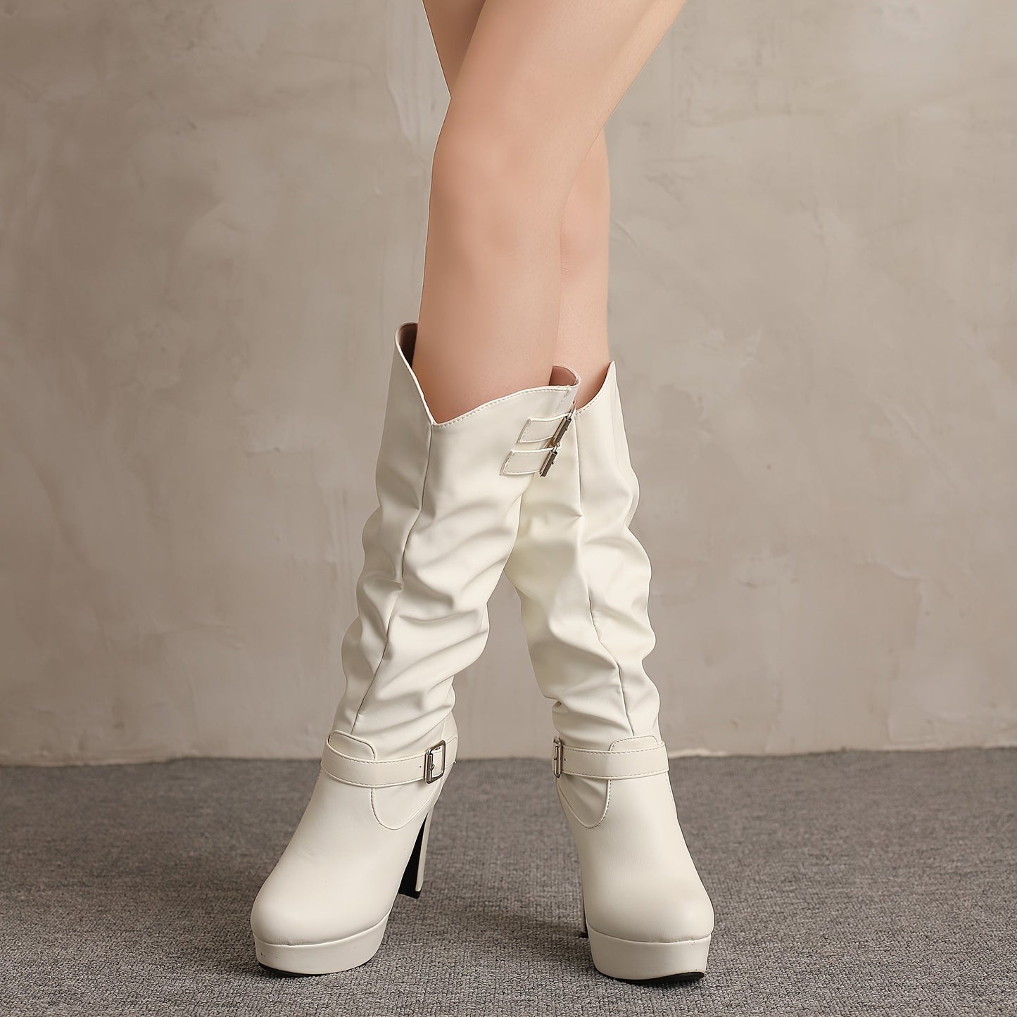 Damen Stiefel Hoch Blockabsatz Plateau Falten Schnallen Weiß/Schwarz
