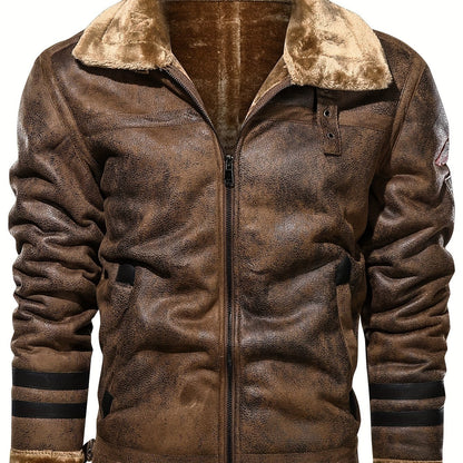 Herren Jacke mit Kunstfellkragen und Reißverschluss – Pilotenstil, Braun/Schwarz