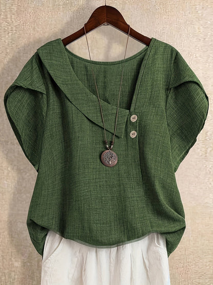 Damen Tunika Bluse mit asymmetrischem Ausschnitt und Knopfdetail – Künstlerischer Casual Look