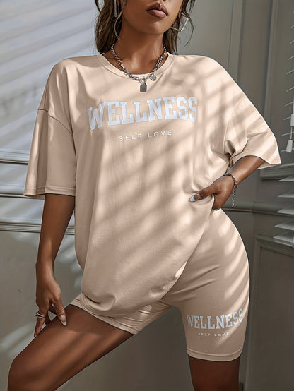 Damen Wellness Lounge Set Oversize T-Shirt & Radlerhose – Bequeme Freizeitmode mit Schriftzug