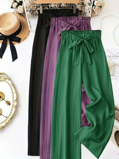 Damen Elegante Weitbein-Hose mit Schleife und Plissee – Perfekt für Freizeit und Büro