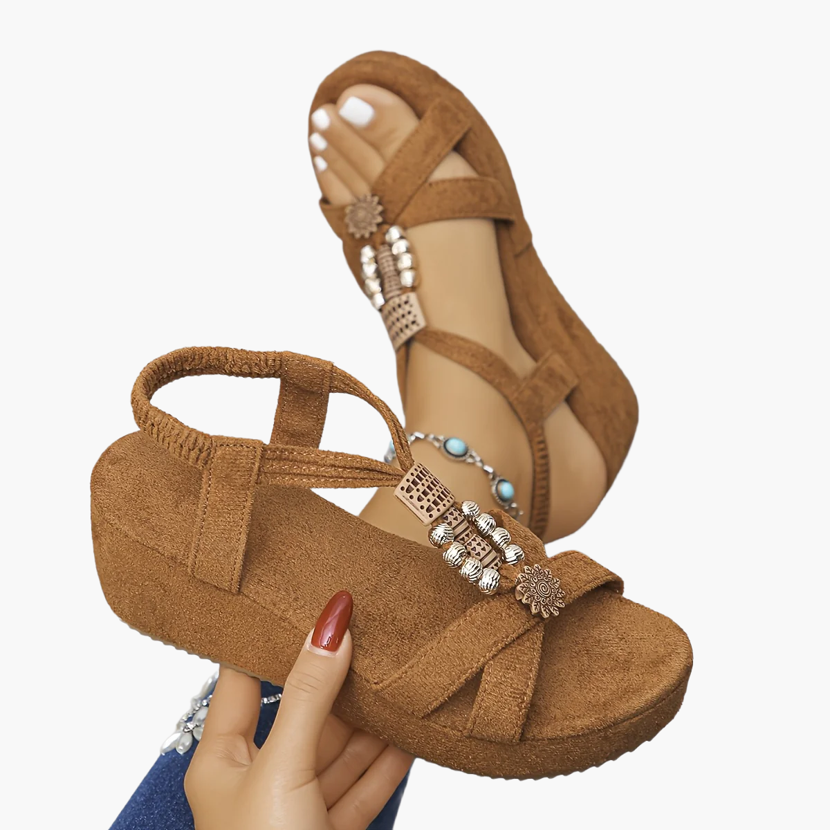 Damen Plateau-Sandalen mit Boho-Perlendekor und bequemem Keilabsatz – Vintage Sommerschuhe für Alltag & Urlaub