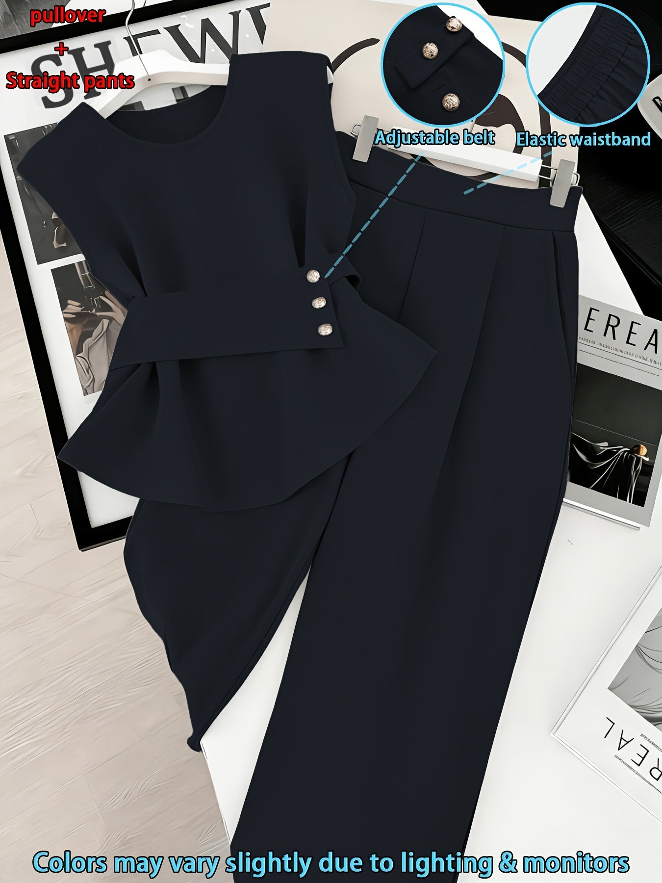 Damen Zweiteiler Set Elegant – Ärmelloses Oberteil mit Gürtel & Gerade Hose, Business & Alltag