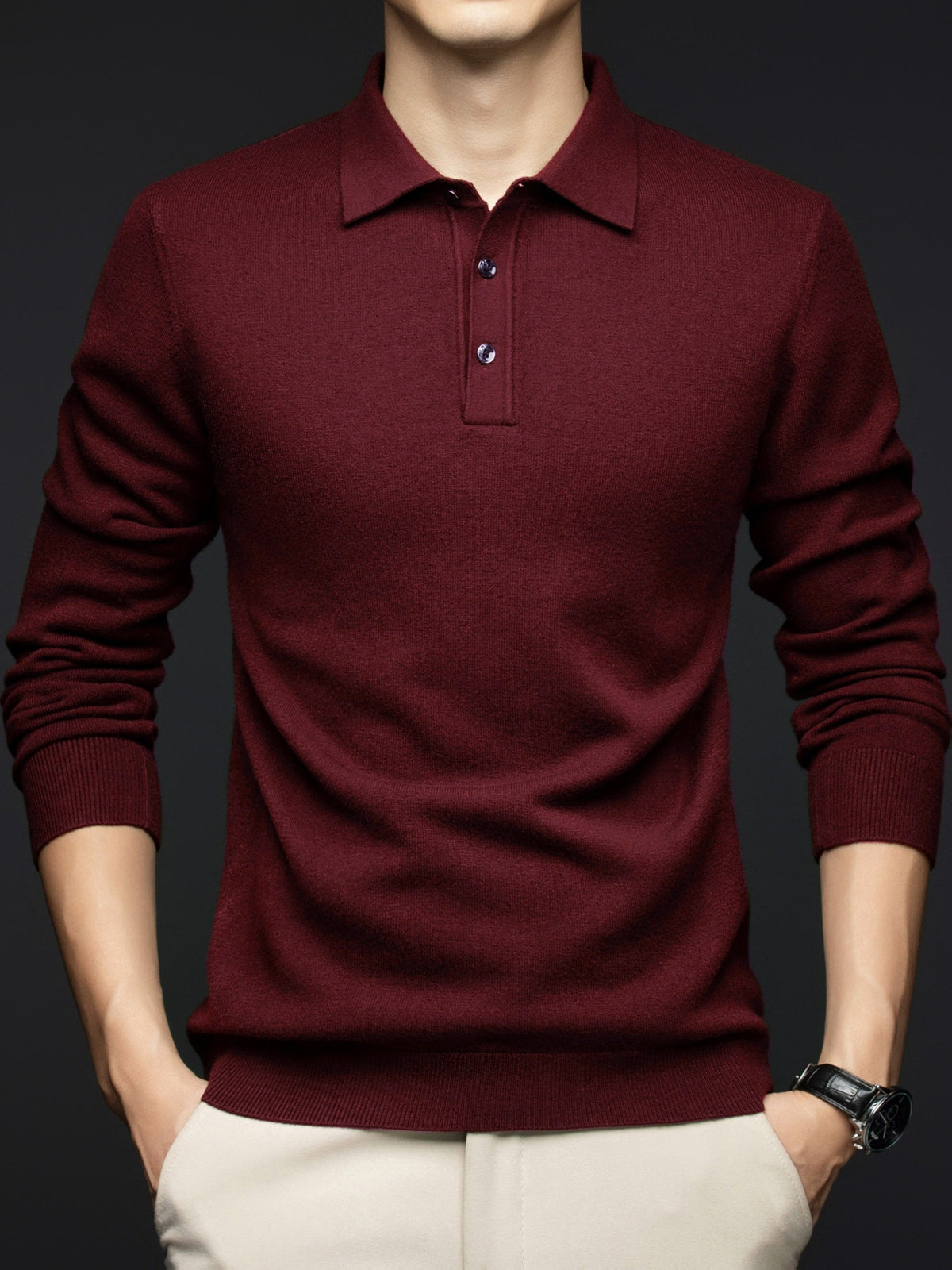 Herren Langarm Poloshirt Strickpullover mit Kragen und Knopfleiste