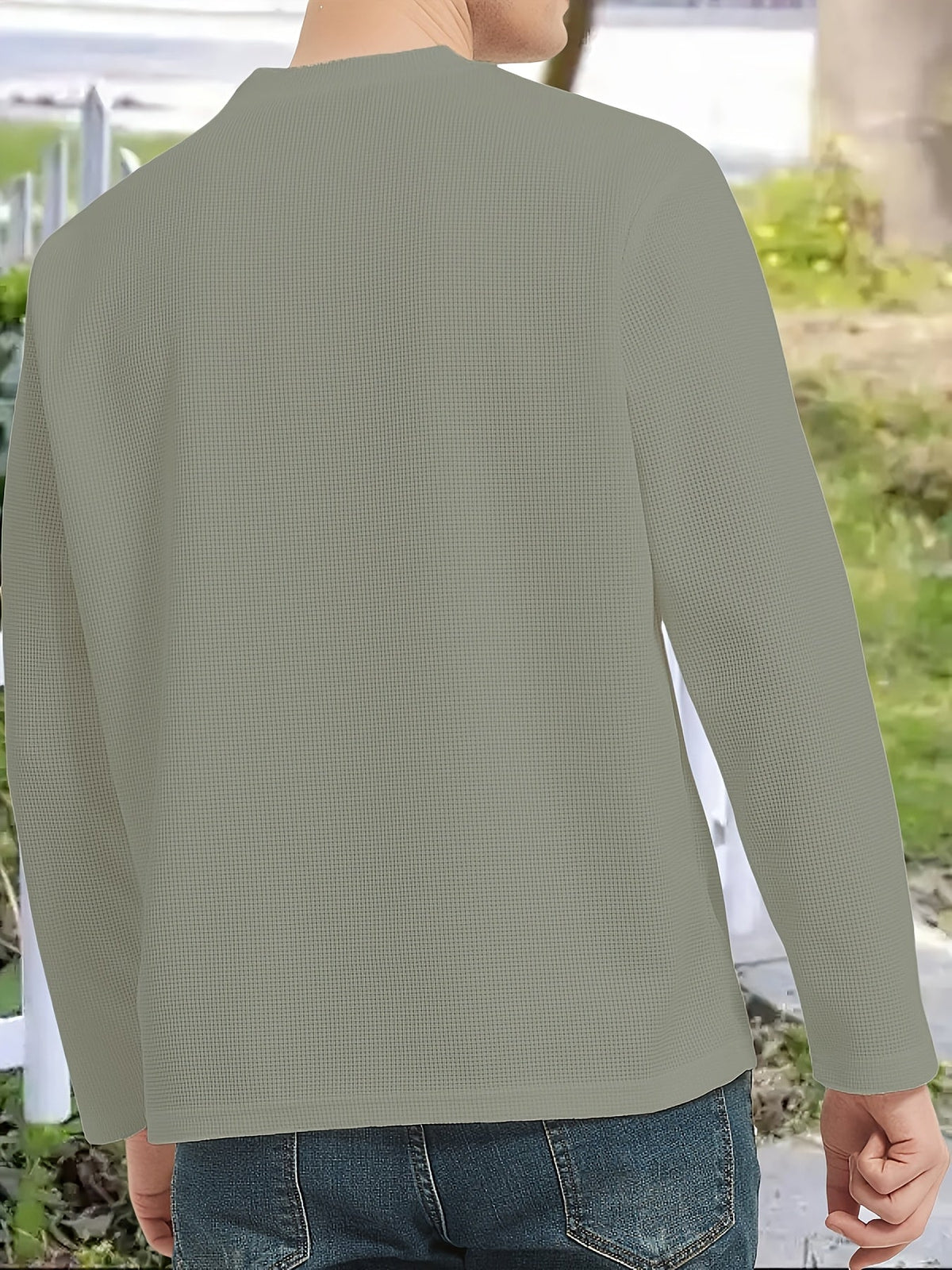 Herren Langarmshirt Henley Kragen Gerippt Weiß Freizeitshirt