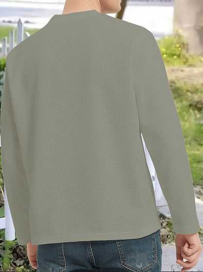Herren Langarmshirt Henley Kragen Gerippt Weiß Freizeitshirt