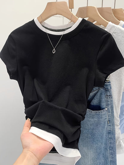 Damen Modernes Kurzarm-Shirt mit Layering-Effekt und Rundhalsausschnitt – Casual Streetstyle