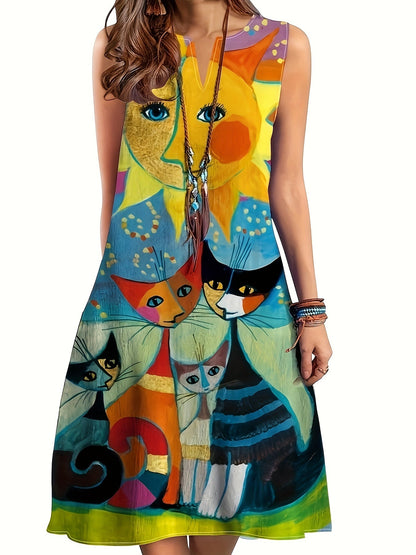 Damen Kleid mit Katzenmotiv und Sonne, ärmellos, Vintage Stil, Freizeitkleid