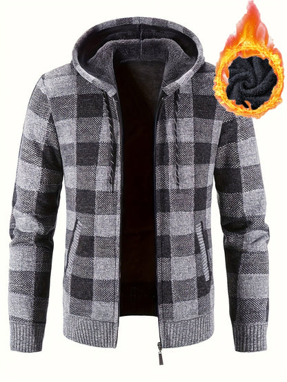 Herren Hoodie mit Reißverschluss, kariert, gefüttert, warm, Braun Schwarz