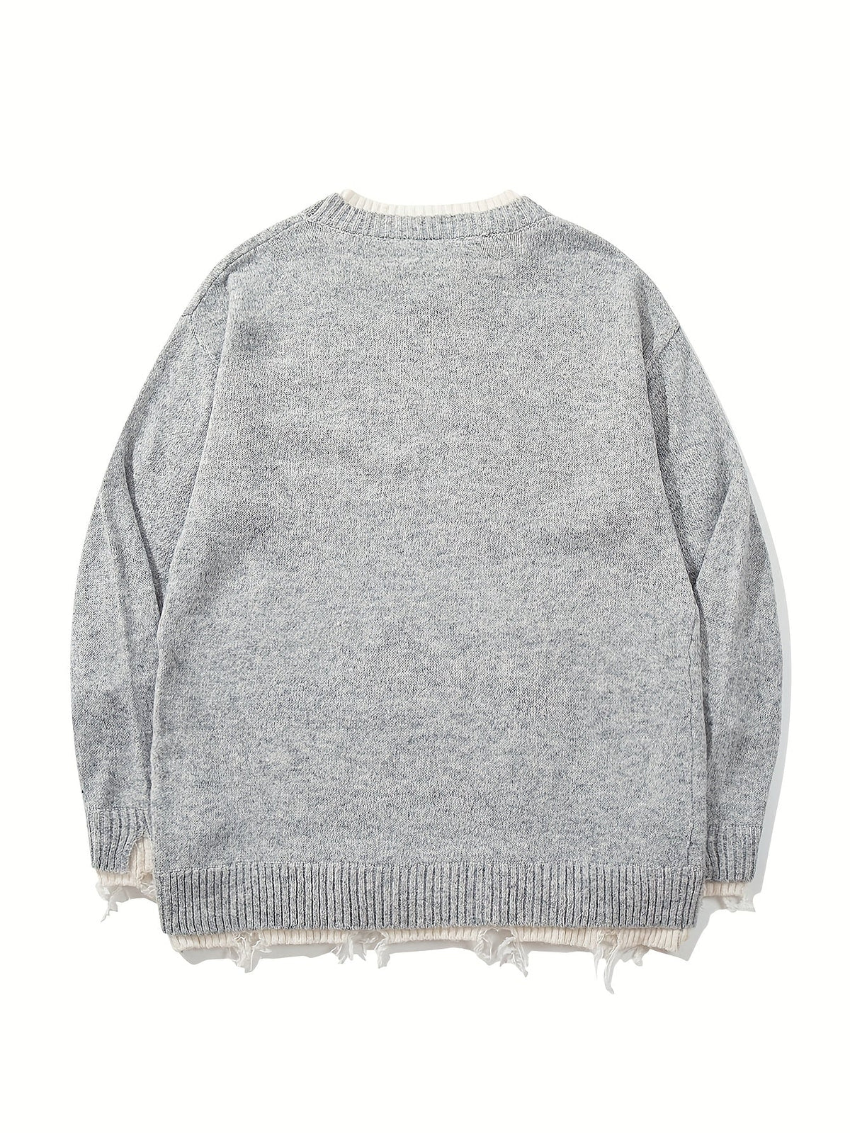 Unisex Grobstrick Pullover Grau mit weißen Details Rundhals