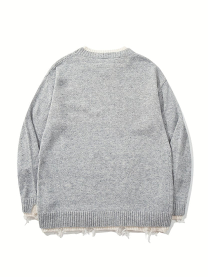 Unisex Grobstrick Pullover Grau mit weißen Details Rundhals